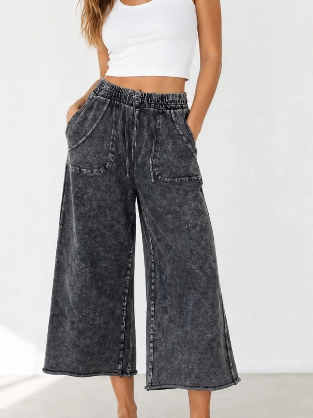 Lazy Sunday Washed Black Wide-Leg Crop Cotton Pants Drawstring Waist Size Large